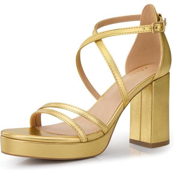 Shoes - Women's Gold Sandal Stylish Comfortable Nude Chunky Blocked Strappy Heel Shoe